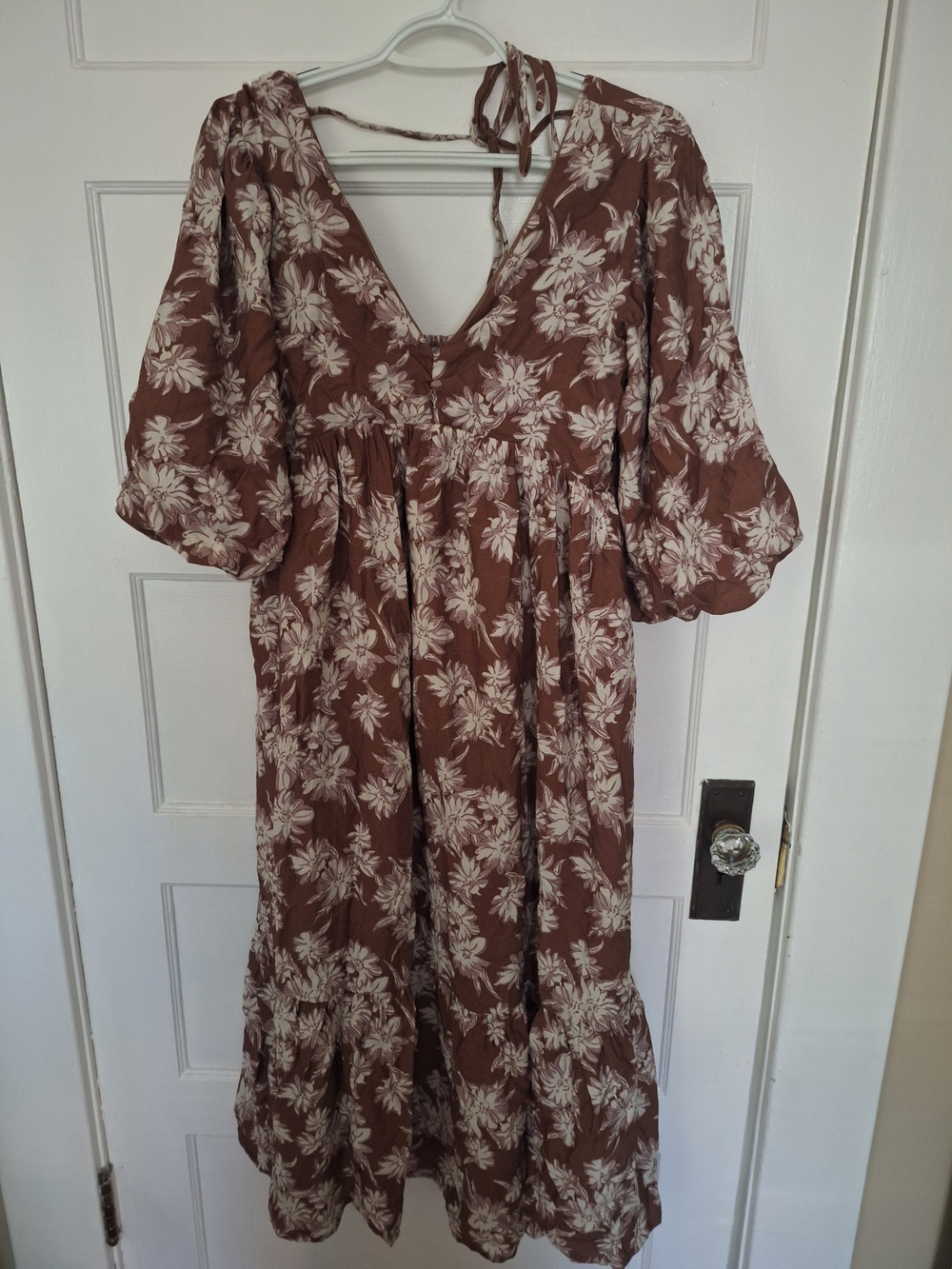 In Bloom Brown Floral V-Neck Midi Dress with Cream Print